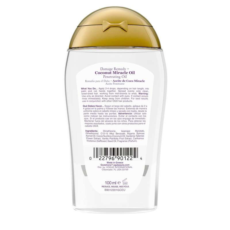 OGX Extra Strength Damage Remedy + Coconut Miracle Oil Penetrating Hair Oil Treatment, Extra Hydrating Anti-Frizz Oil for Coarse, Dry Hair, Paraben-Free, Sulfated-Surfactants Free, 3.3 Fl Oz