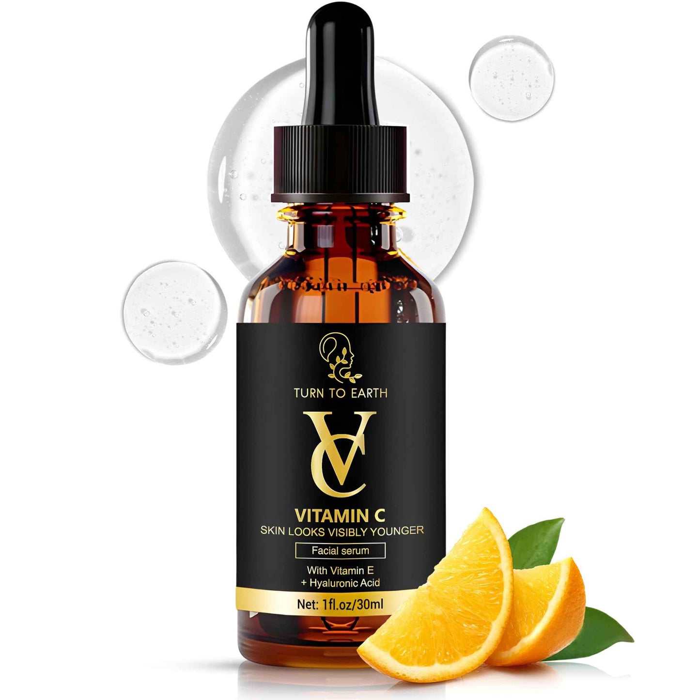TURN TO EARTH Vitamin C Facial Serum with Vitamin E, Hyaluronic Acid, and Aloe Vera, for Skin Brightening, Dark Spot Reducing, Evening Skin Tone Formula in a 1 fl oz Glass Bottle