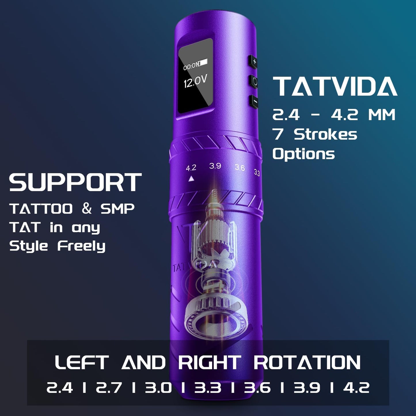 Tattoo Gun portable tattoo machine, 2400mAh Rotary Tattoo Machine with 7 stroke length Options, Pro Tattoo Guns with Motor Power reliable for all kinds of needles, ink (One Battery)