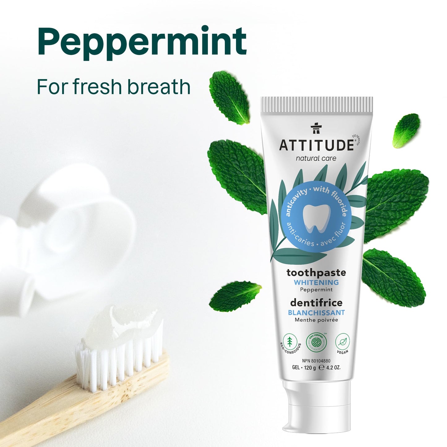 Attitude Whitening Toothpaste with Fluoride, Peppermint Flavor, Vegan & Cruelty-Free, Sugar-Free, Plant & Mineral-Based Ingredients, Clean Oral Care, 4.2 Oz (Pack of 2)