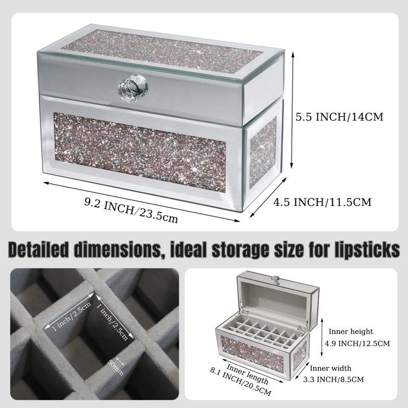 joyshiny 21 Spaces Lipstick Organizer with Lid,Lip Gloss Rollerball Perfume Holder for Vanity,Crushed Diamond Home Decor,Gift idea(9.2" L x 4.5" W x 5.5" H)