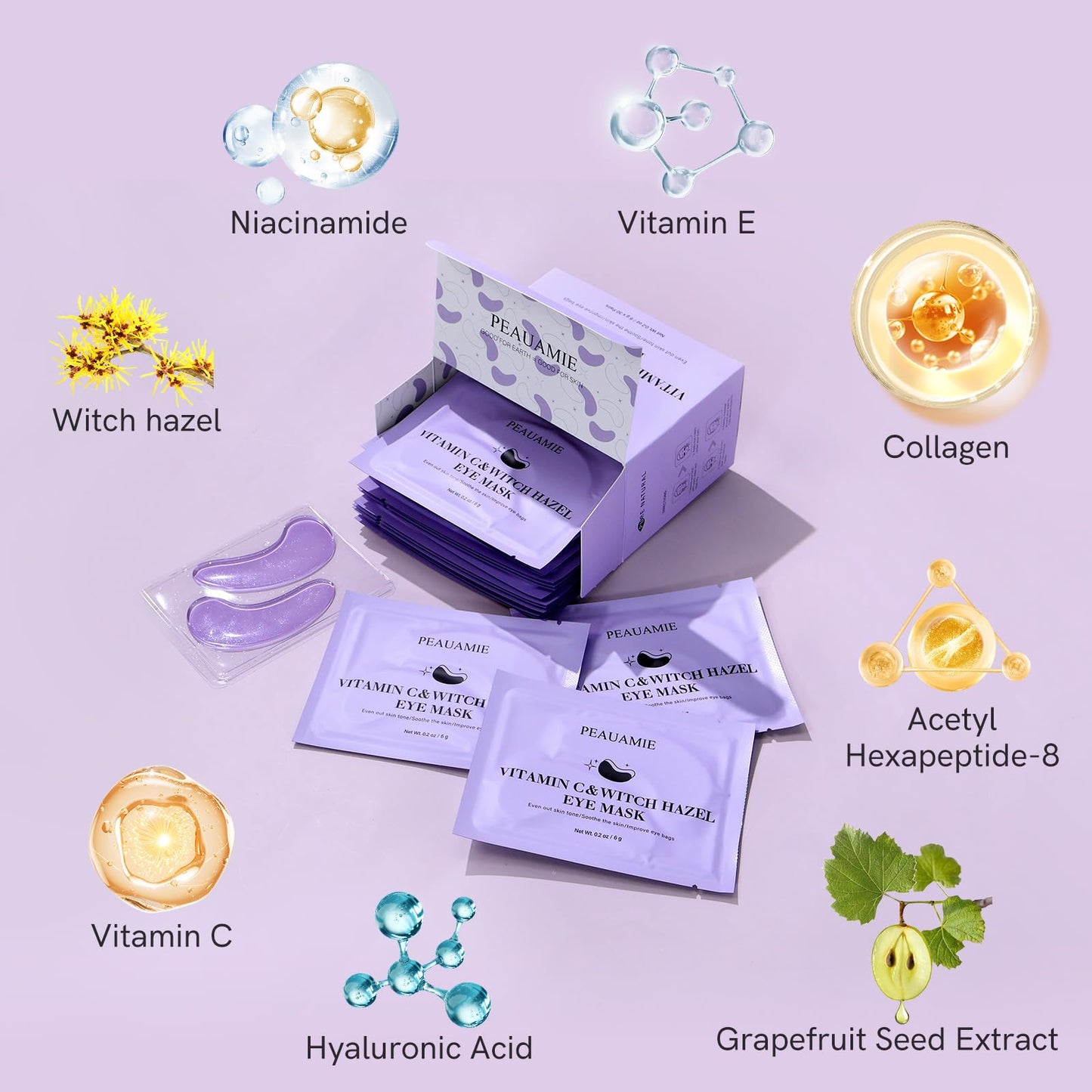 PEAUAMIE Under Eye Patches with Vitamin C and Witch Hazel Eye Mask for Dark Circles and Puffiness,Face Mask Skin Care Products 30 Pairs
