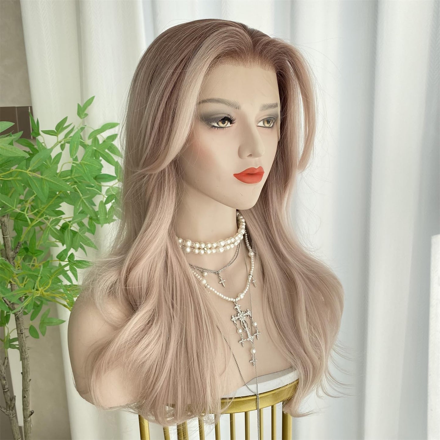 Light Blonde Lace Front Wig - 13x4 Curtain Bangs, 20-Inch Long Natural Wavy Synthetic Fiber for Women