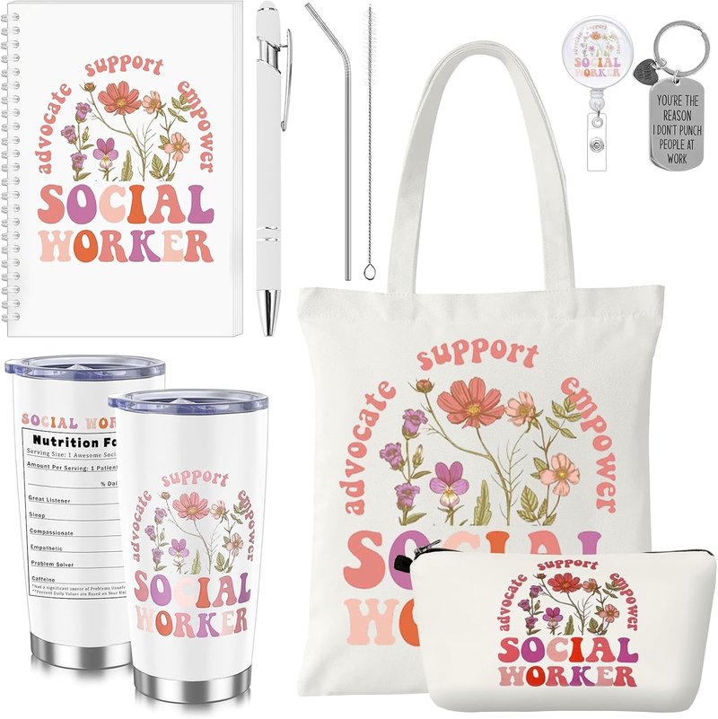 Social Worker Gift Set - 7 Pcs Canvas Bag, Thermos Cup & More | Perfect for Volunteers
