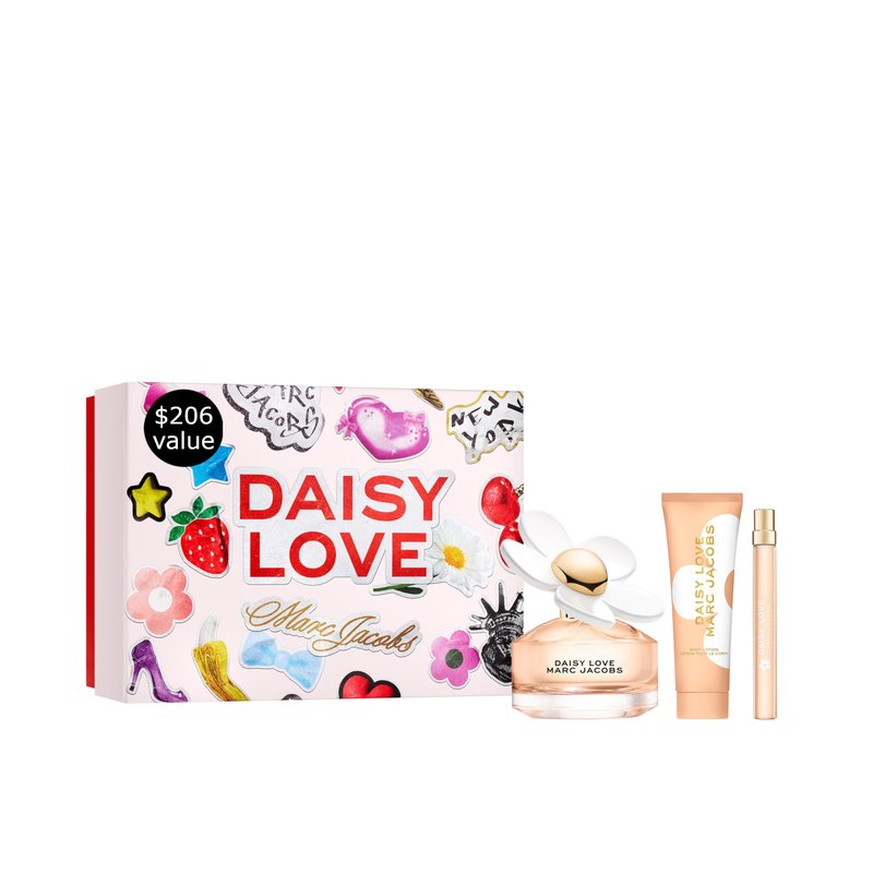 Marc Jacobs Daisy Love Eau de Toilette 3-pc Set (Daisy Love Women's Eau de Toilette 3.3oz • Travel Spray 0.33oz • Body Lotion for Women 2.5oz) Notes of Cloudberries, Daisy Petals, and Driftwood