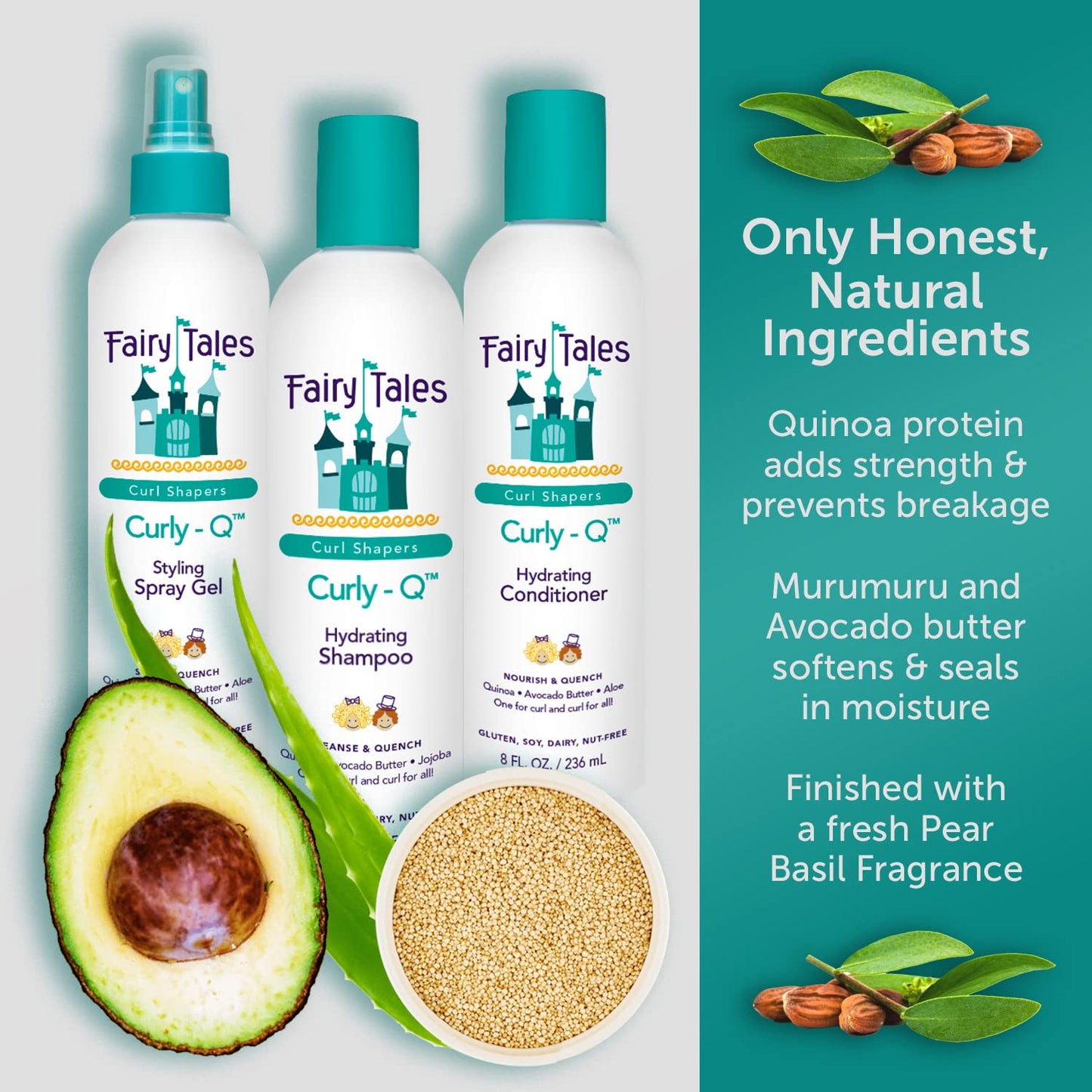Fairy Tales Curly Q Hydrating Kids Shampoo 12oz, Conditioner 8oz, and Styling Spray Gel 8oz - Paraben, Sulfate, Gluten, and Nut Free - For All Curl Types Including Multi Cultural Hair (3 Pack)