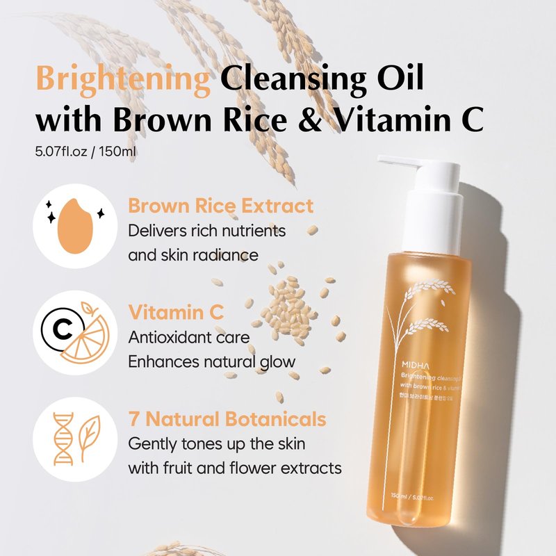 MIDHA Brightening Cleansing Oil with brown rice & vitamin C,5.07fl.oz/150ml,Radiant Skin, Deep Moisturising, Gentle Daily Cleanser, Face Wash for Sensitive Skin, Nourishing Care, Plant-Based