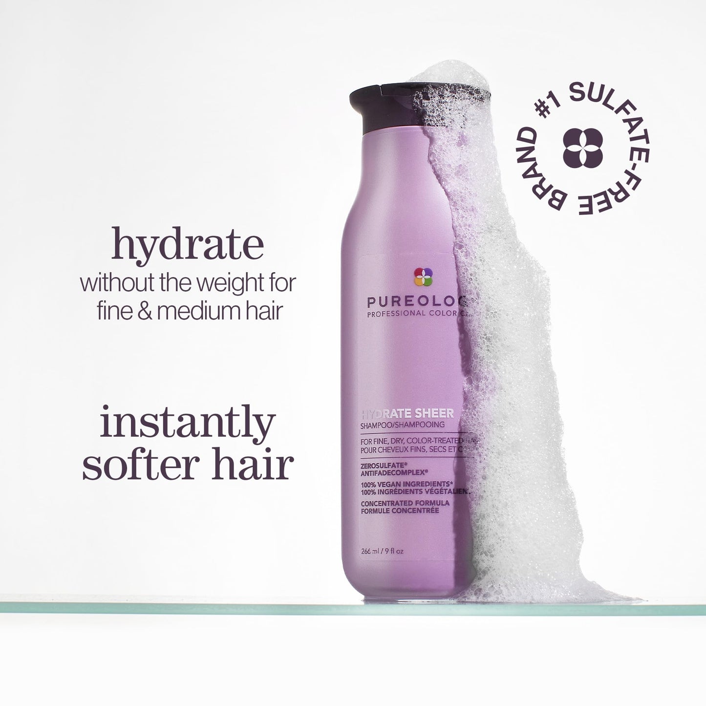 Pureology Hydrate Sheer Shampoo - Lightweight, Moisturizing Shampoo For Fine, Dry, Color Treated Hair, Sulfate-Free & Vegan, 33.8 Fl Oz