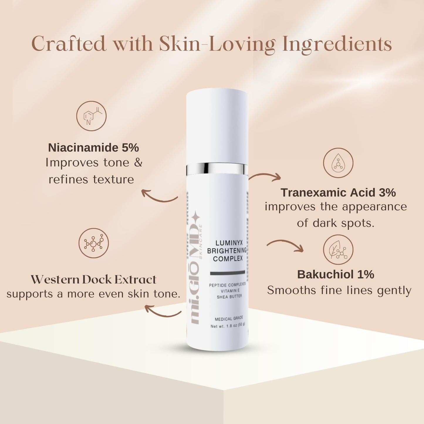mi.Glo Skincare Luminyx Serum 1.8 oz – Vitamin E Face Serum with Niacinamide, Bakuchiol & Peptides | Beauty Face Care for Smooth-Looking Skin | Korean Skin Care Inspired