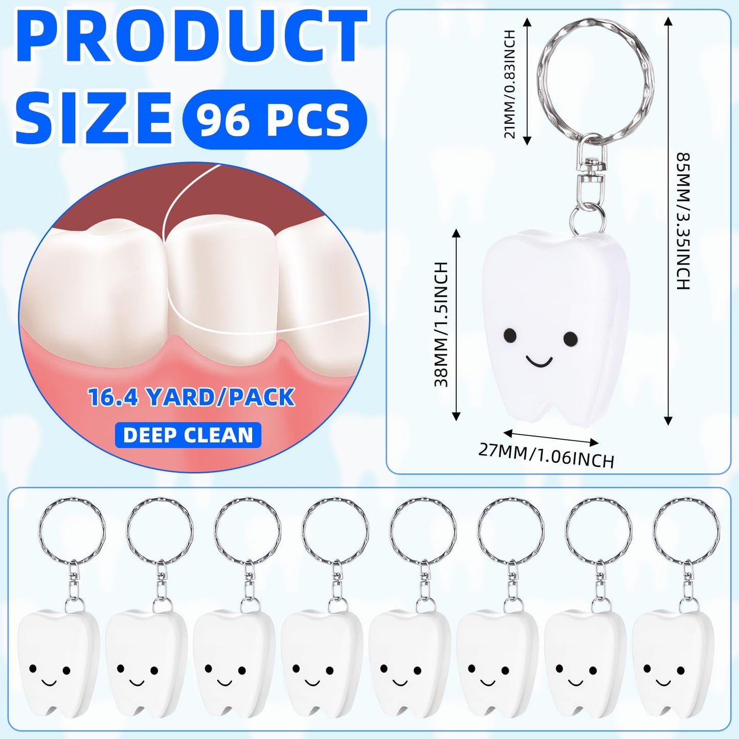 Landical 96 Pcs Mini Dental Floss Keychain Bulk Tooth Shaped Portable Teeth Floss Cleaning for Homeless Party Favors Travel Donated Gifts Teeth Cleaning Oral Care Mint Flavor 15 M /16. 4 Yard