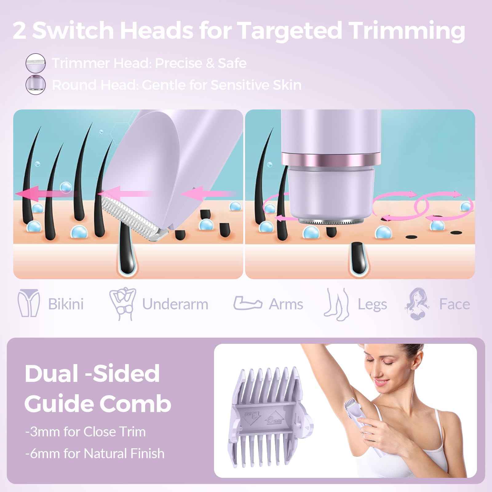 Bikini Trimmer for Women – 2-in-1 Electric Razor with Dual Heads, Ceramic Blades, Wet & Dry Use, USB Rechargeable, Skin-Friendly Shaver for Bikini Line, Underarms & Sensitive Areas – Lavender Purple