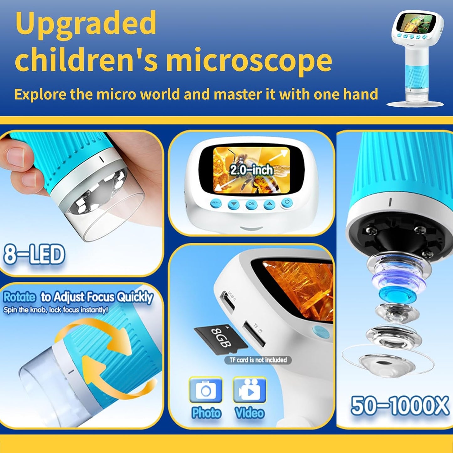 Digital Microscope for Kids - Handheld STEM Science Toy | Video Camera, Light Blue