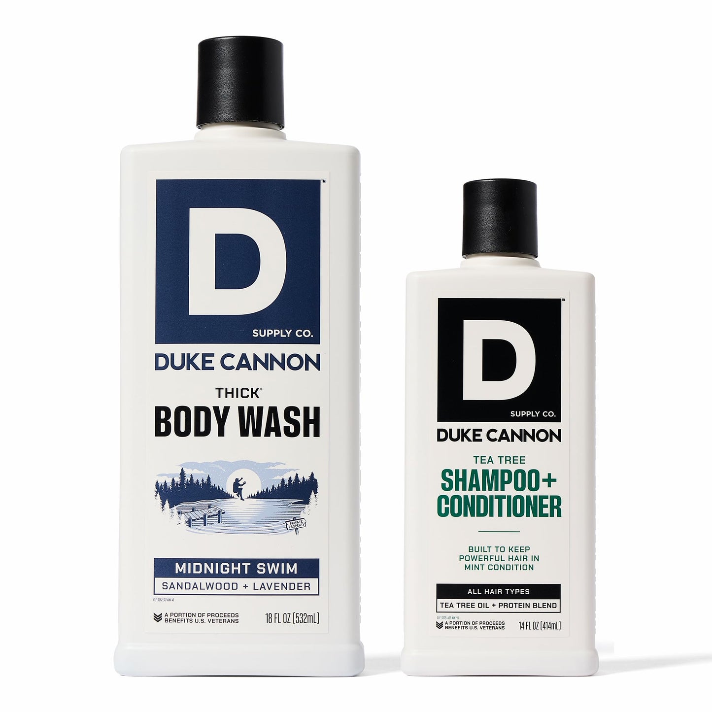 Duke Cannon Supply Co. 2-in-1 Tea Tree Hair Wash & Midnight Swim Body Wash Bundle - Masculine Scent - Gentle Cleansing Hair Wash - Deep Cleaning Body Wash - Midnight Swim/Tea Tree 2-1