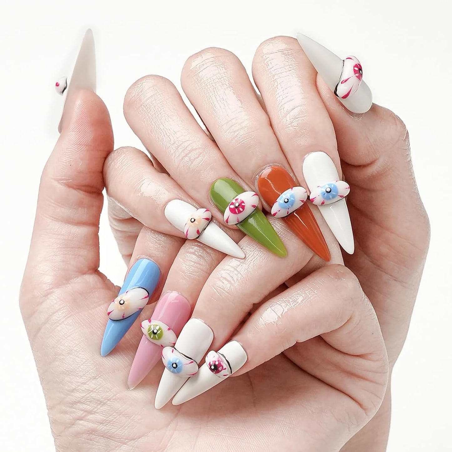 Colorful Handmade Devil Eyes Press-On Nails - Long Stiletto 3D False Nails for Women | 10 Pcs Set with Glue (White-S)