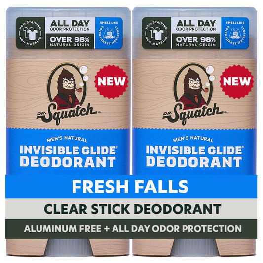 Dr. Squatch Invisible Glide Natural Men’s Deodorant – Smooth Glide, No Stains – Aluminum Free Deodorant Men – Safe for Sensitive Skin – Fresh Falls, 2.65oz (2-Pack)