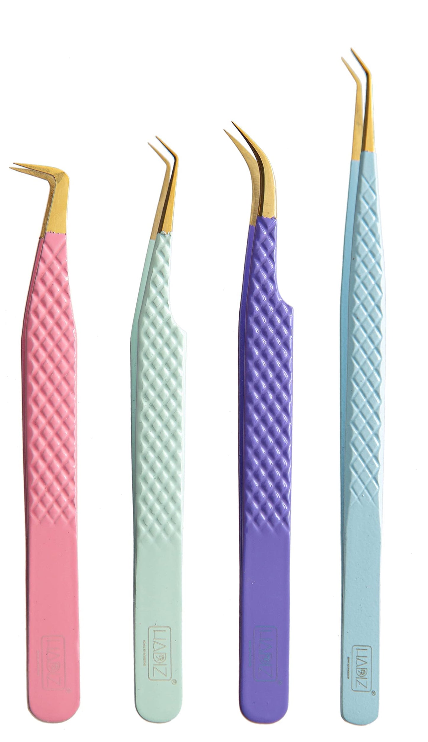 HADIZ Fiber Tip Tweezers Set of 4 Diamond Grip Eyelash Extensions Tweezers Japanese Stainless Steel Lash Tweezer (Combination)