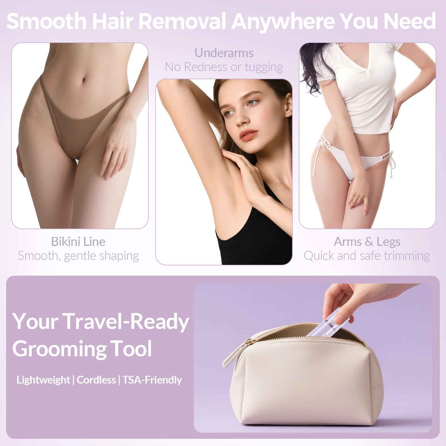 Bikini Trimmer for Women – 2-in-1 Electric Razor with Dual Heads, Ceramic Blades, Wet & Dry Use, USB Rechargeable, Skin-Friendly Shaver for Bikini Line, Underarms & Sensitive Areas – Lavender Purple