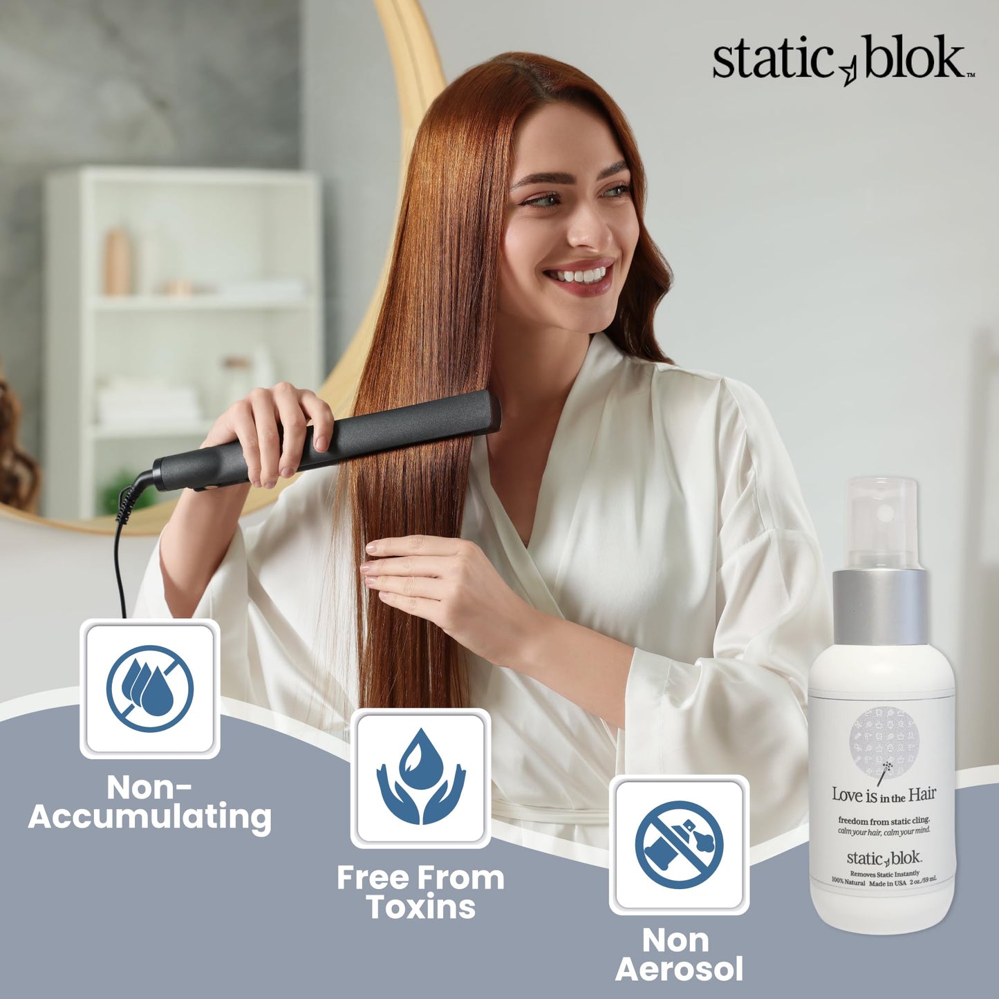 Static Blok Anti-Static Spray for Hair - Instantly Eliminate Static Cling, Shocks, Flyaways- Long-Lasting All-Day Freshness - works on Natural and Synthetic Wigs - 2oz Travel Size