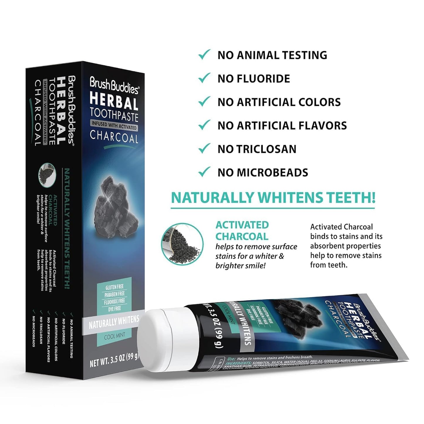 Brush Buddies Charcoal Toothpaste 6 Pack 3.5 oz Activated Charcoal Whitening Toothpaste Fluoride Free Cool Mint Herbal for Sensitive Teeth Bad Breath and Stains