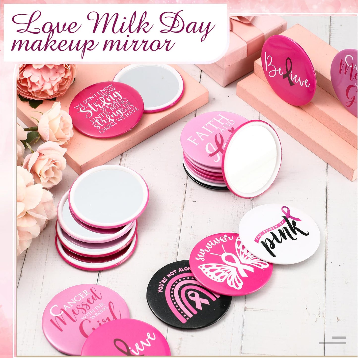 Wonderjune 100 Pcs Breast Cancer Awareness Gifts Pocket Mirror Bulk Portable Travel Mirrors Pink Ribbon Breast Survivor Compact Mirror for Charity Women Public School Events Supplies (Inspirational)