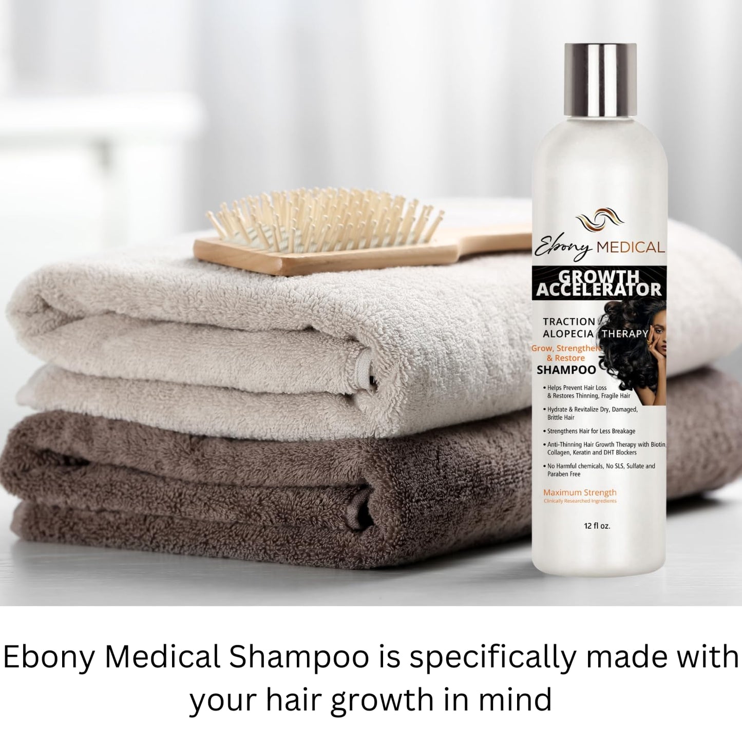 Ebony Medical Hair Support Shampoo – Thinning Hair & Patchy Hair Solution – Strengthens Strands, Scalp Health & Volume – Natural, Vegan, Sulfate-Free – 12 fl oz