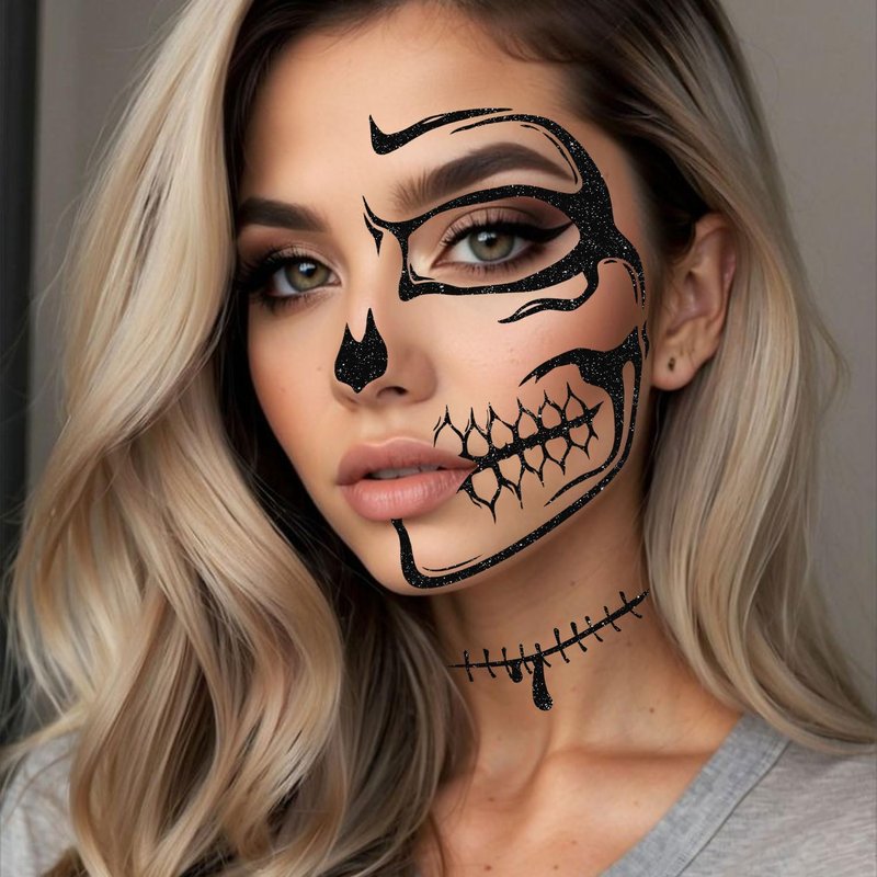 Halloween Face Tattoos Temporary Black Tattoo for Men and Women, Adult, Skeleton Mouth Tattoo Spider Web Face Sticker, Horror Zombie Witch Makeup Kit, Scary Halloween Face Decals 5 Sheets