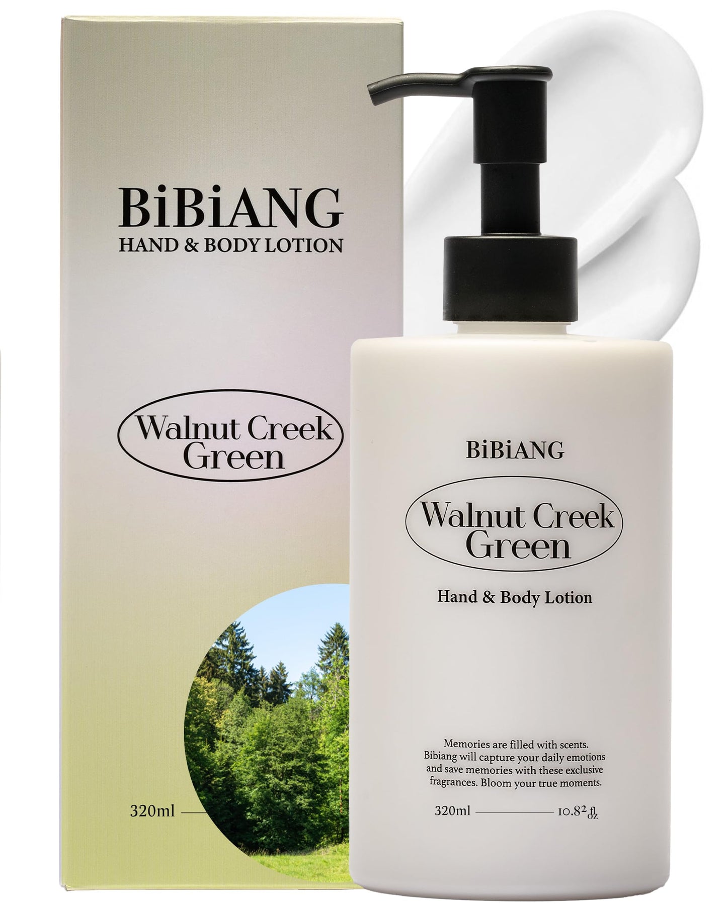BiBiANG Walnut Creek Green Body Lotion - Korean Body Care for Moisturizing & Nourishment - Hydrating Body Care Formula with Forest Bergamot Scent, Shea Butter & Jojoba Oil - 10.82 fl.oz