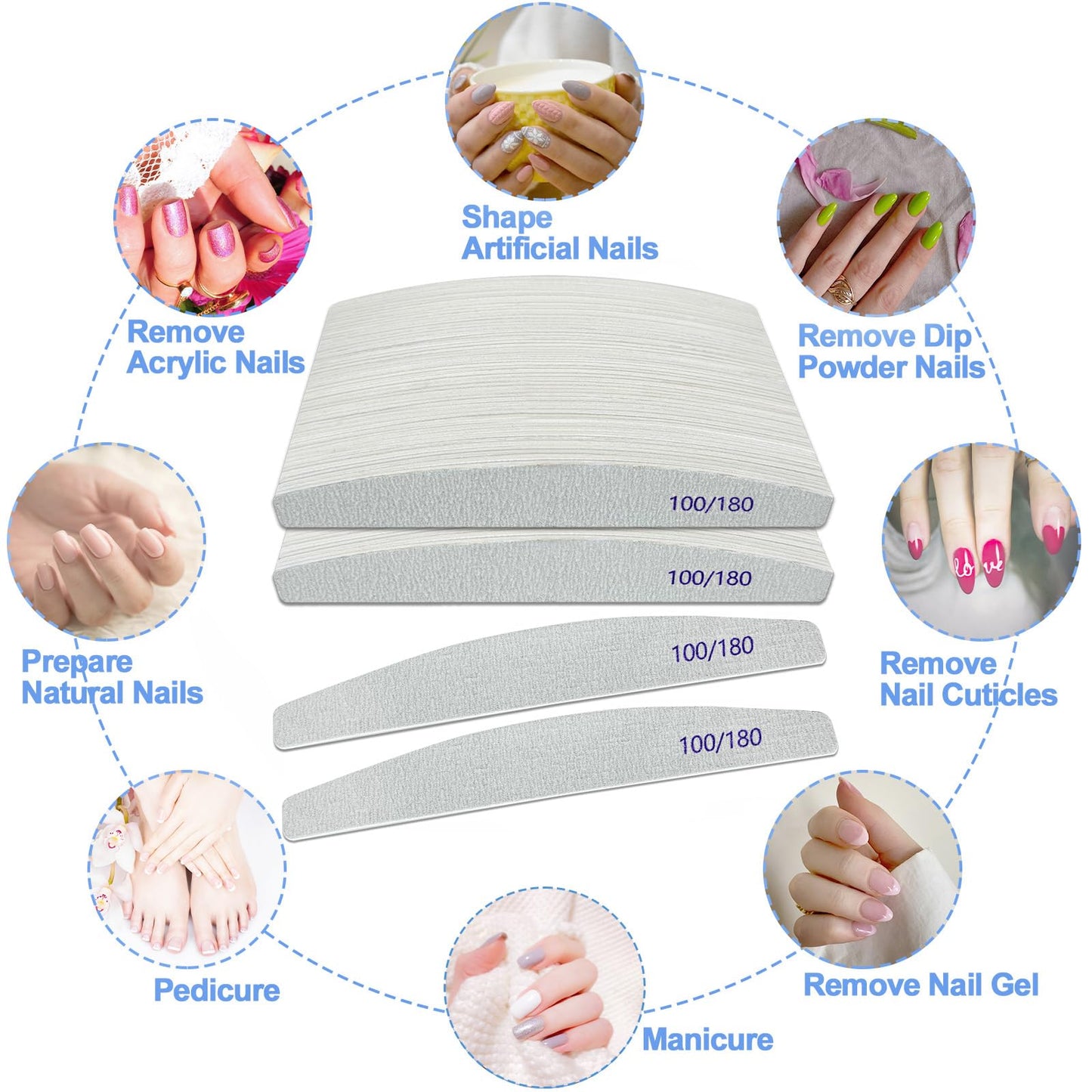 Nail Files (100 Pack), 100/180 Grit Wooden Emery Board Nail File Double Sided Wood Emory Fingernail Files for Natural Nails Professional Reusable Manicure Pedicure Curved