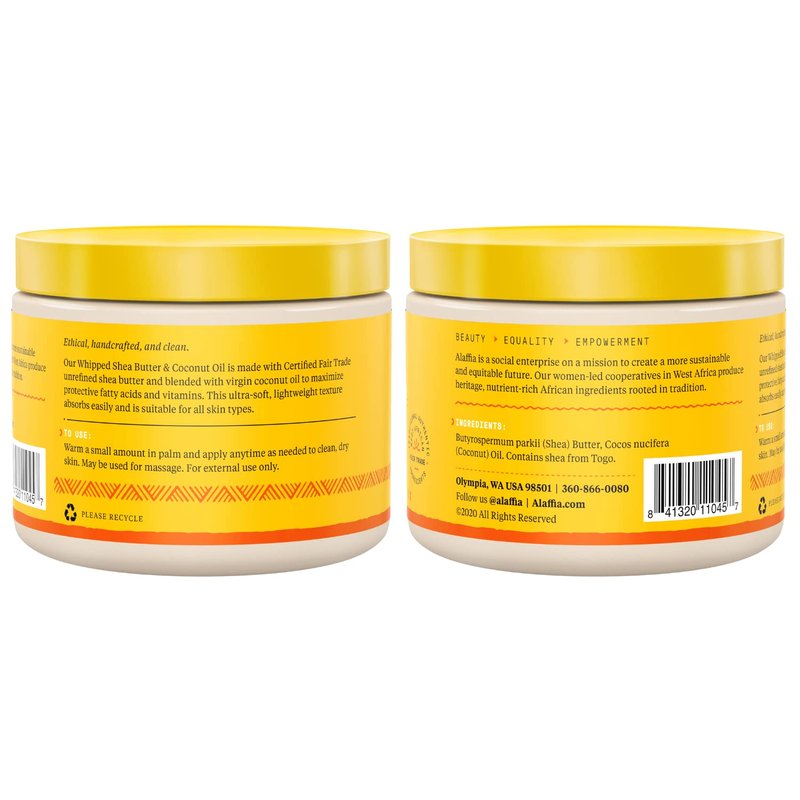 Alaffia Whipped Shea Butter & Coconut Oil, Skin Care and Hair Care, Nourishing Moisturizer Improves Elasticity and Repairs with Vitamin E, Unscented, 2 Pack - 4 Oz Ea