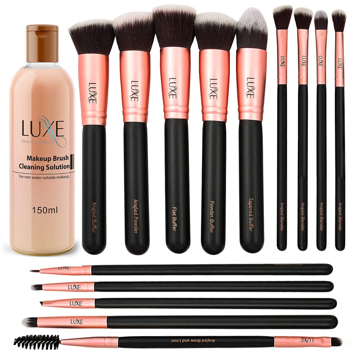 Luxe Premium Makeup Brushes Set - Synthetic Face & Eye Brushes for Foundation, Blush, Eyeshadow | 14-Piece Kit with Cleaning Solution