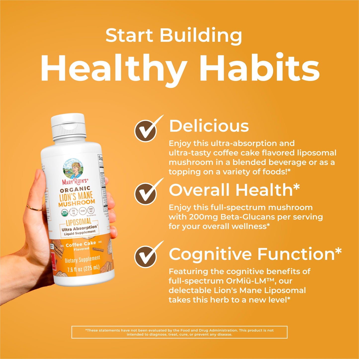 Organic Lions Mane Supplement by MaryRuth's | Ultra Absorption Liposomal | Full Spectrum Lion's Mane Mushroom | 200mg Beta-Glucans Per Serving | USDA Organic | Vegan | 7.6 oz | 15 Servings
