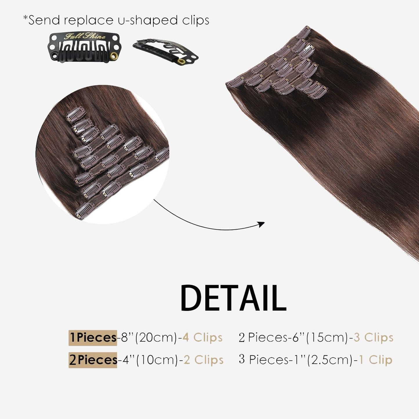 Ornate Hair Extensions Brown Real Human Hair Darkest Brown 100g Invisible Removable Thick Straight Fishing Line 8 Pieces Per Set Clip in Extensions Human Hair (4# clip in human hair, 14 inches-100g)