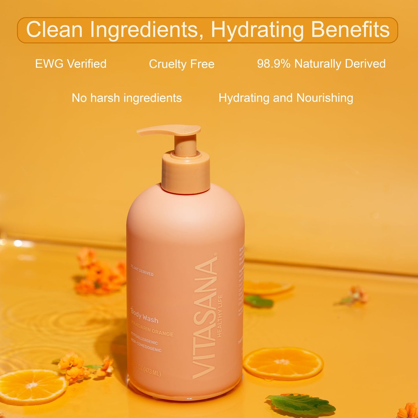 Vitasana Natural Body Wash for Sensitive Skin, 16 oz – Mandarin Orange Scent, 98.9% Plant‑Derived, EWG Verified, Hypoallergenic, Paraben‑Free, Sulfate‑Free, Cruelty‑Free