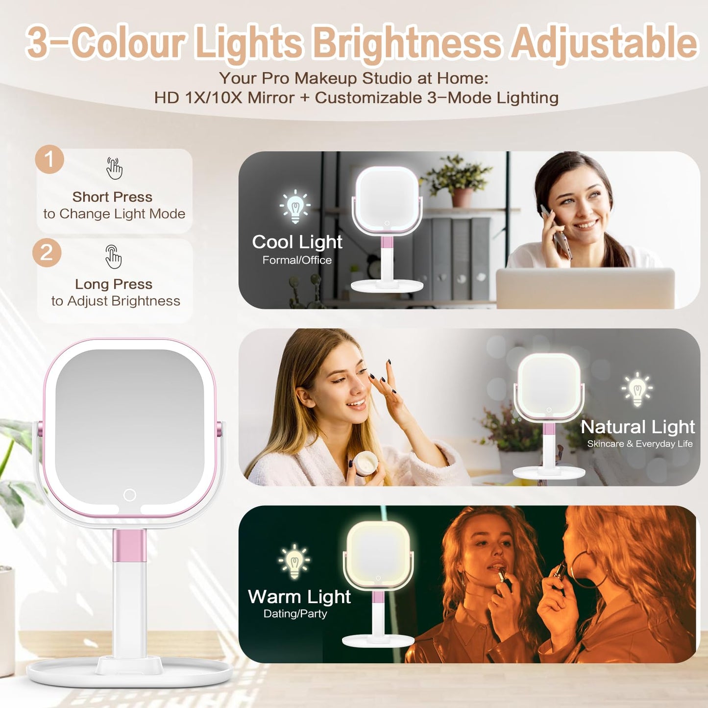 Rosivyphan Makeup Mirror with Lights, 1X/10X Magnifying Vanity Mirror with 3 Colors, 2000mAh Rechargeable Double Sided Magnifying Mirror, Height Brightness Adjustable, 360° Rotation Vanity