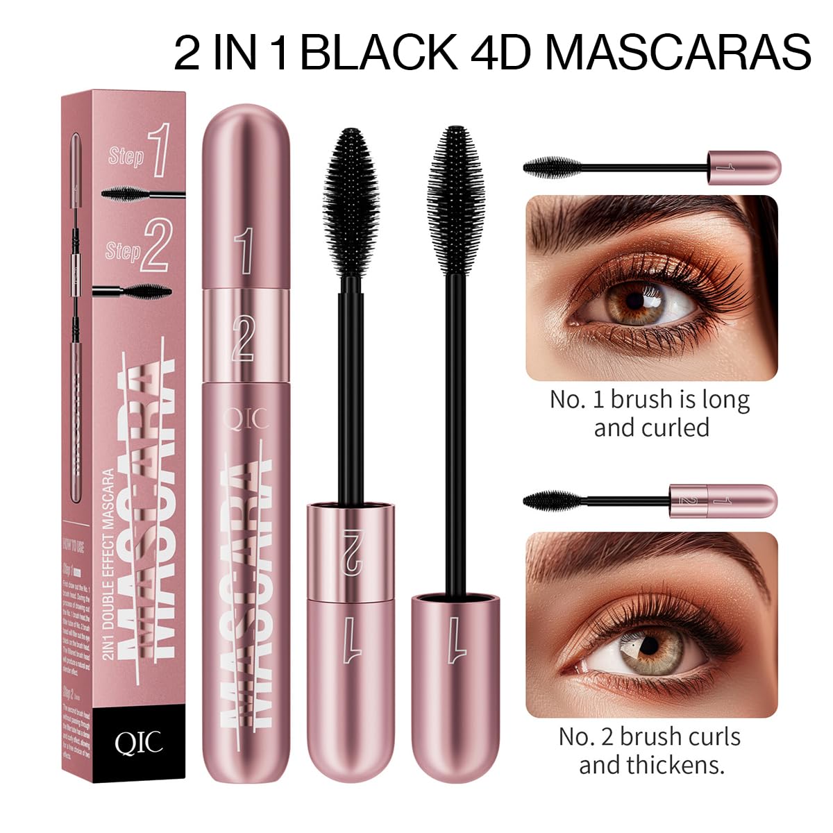 2 in 1 Double-effect 4D Curling Black Mascaras,Waterproof & Smudge Proof Lash Extensions Stereo Lengthening Mascara For Women,Quick-Not Sticky Long Lasting Charming No Clumping(2Pcs) B