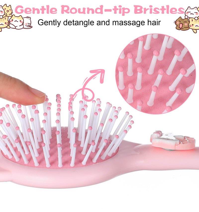 Toddler Detangler Brush, 2Pcs Kids Hairbrush with Cat's Paws Cat's Ears, Mirror and Air Cushion Base Gentle on Wet Dry Curly Hair, Tangle-free Baby Detangler Brush