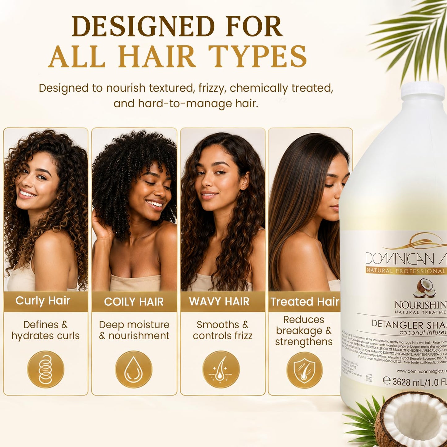 DOMINICAN MAGIC Detangler Shampoo – Coconut Infused (1 Gallon) | Hydrating & Smoothing Shampoo for Dry, Frizzy & Curly Hair | Deep Nourishment & Tangle-Free Finish