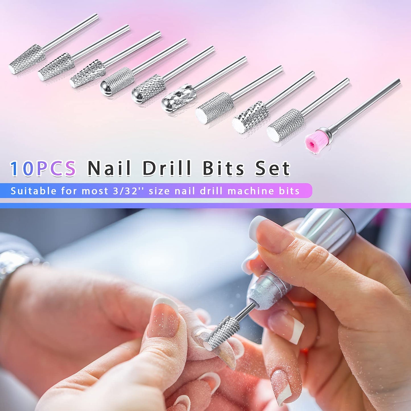 Honoson 10 Pcs Nail Drill Bits Set, 3/32 Inch Cuticle Tungsten Carbide Bit for Nail Drill Nails, File Remove Acrylic Gel Polish Manicure Pedicure Tool for Salon Home Supplies(Silver)