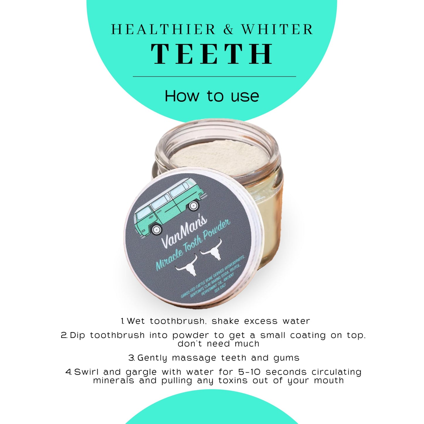 Vanman’s - Mint and Bone Tooth Powder Toothpaste - Remineralizing Tooth Powder with Cattle Bone Derived Hydroxyapatite, Bentonite Clay, Peppermint Oil and Baking Soda - 2.2 oz