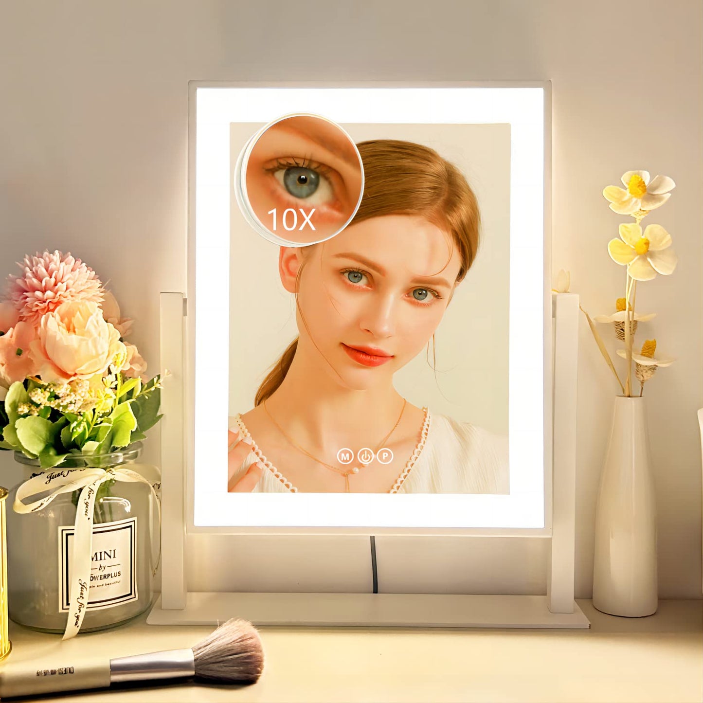 Acoolda Vanity Mirror with Lights, Makeup Mirror with Lights Three Color Lighting Modes, Dimmable Touch Screen, Detachable 10X Magnifying Mirror, 360°Free Rotation,White