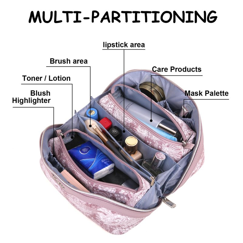 BOYATU Travel Makeup Bag for Women: Large Capacity Make up Bag with Compartments - Vegan Leather Cosmetic Bag set of 3 - Waterproof Toiletry Bag with Handle & Divider(E-1-Purple)