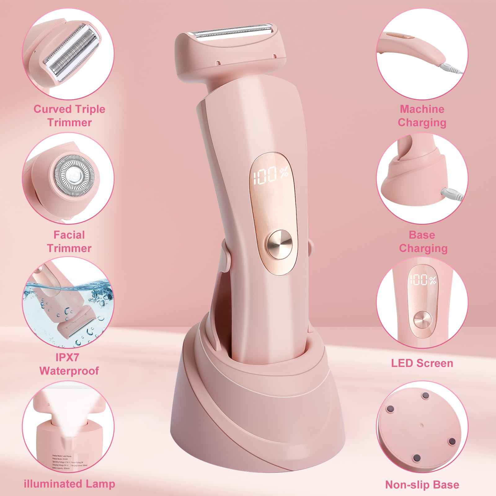 Luxsego 2 in 1 Electric Bikini Trimmer for Women, IPX7 Waterproof Wet & Dry Use Electric Razors for Women Pubic Hair, Painless Bikini Shaver with LED Light & Display, Dual USB Charge Dock, Pink