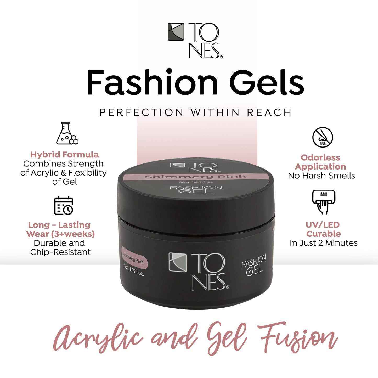 TONES Fashion Gel - Premium, Long-Lasting LED or UV Poly Nail Gel - 7-Free - Quick-Curing Nail Art and Nail Design Overlay or Nail Sculpting - (1.89 Oz, Shimmery Pink)