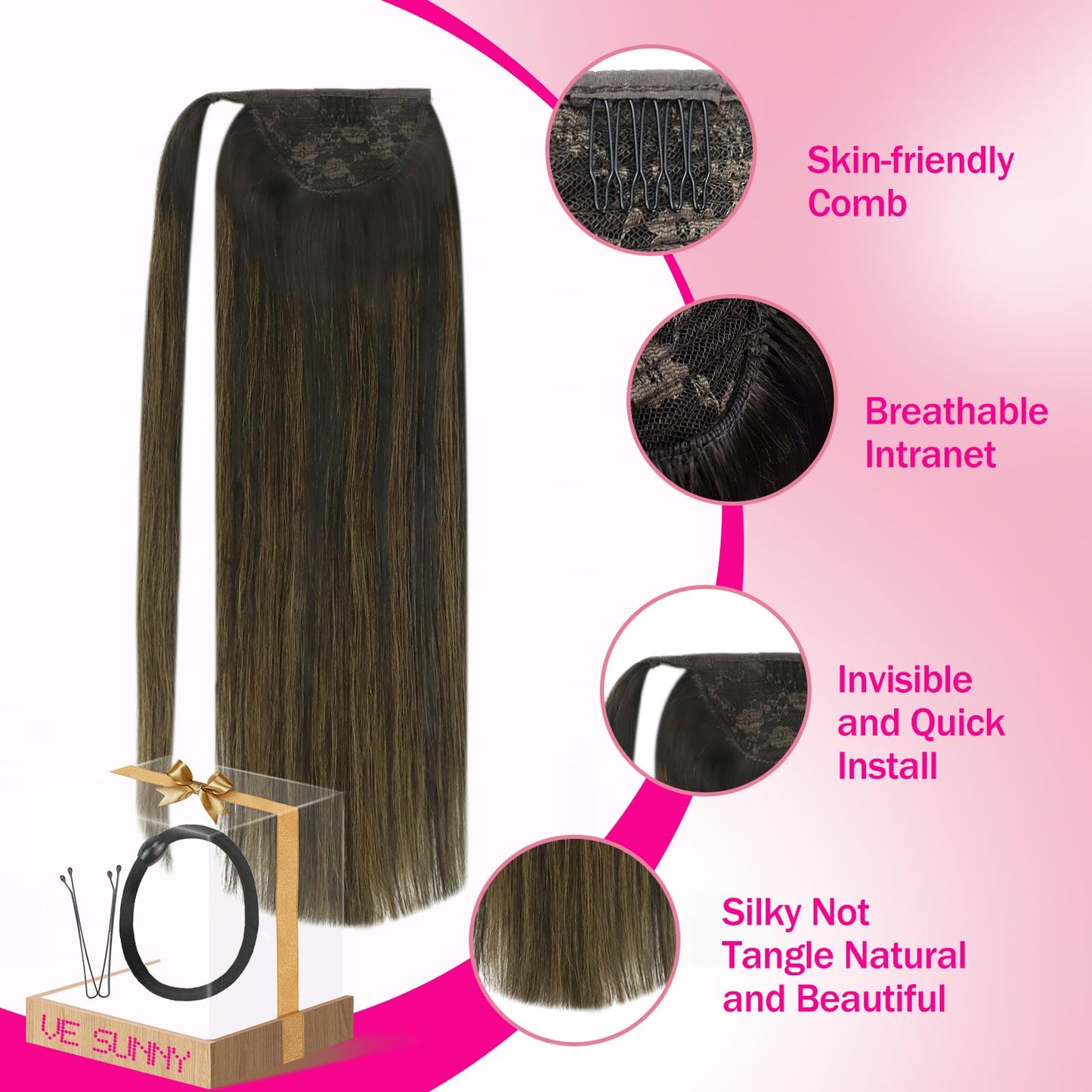Ve Sunny Hair Extensions Ponytail Real Human Hair 80g Wrap Around Straight Ponytail Extensions Dark Brown Balayage Chestnut Brown clip in Style Short Length 14 Inch