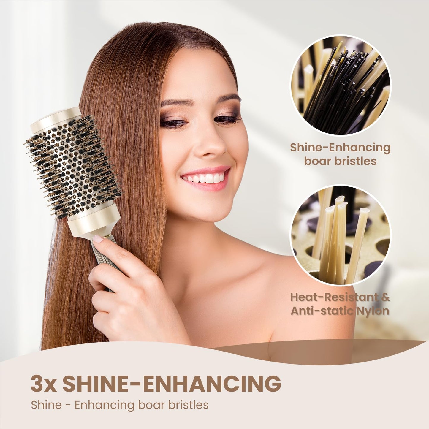 AIMIKE Hair Brush Set - Nano Thermal Ceramic Round Brush with Boar Bristles for Blow Drying | Includes Tail Comb & Hair Clips