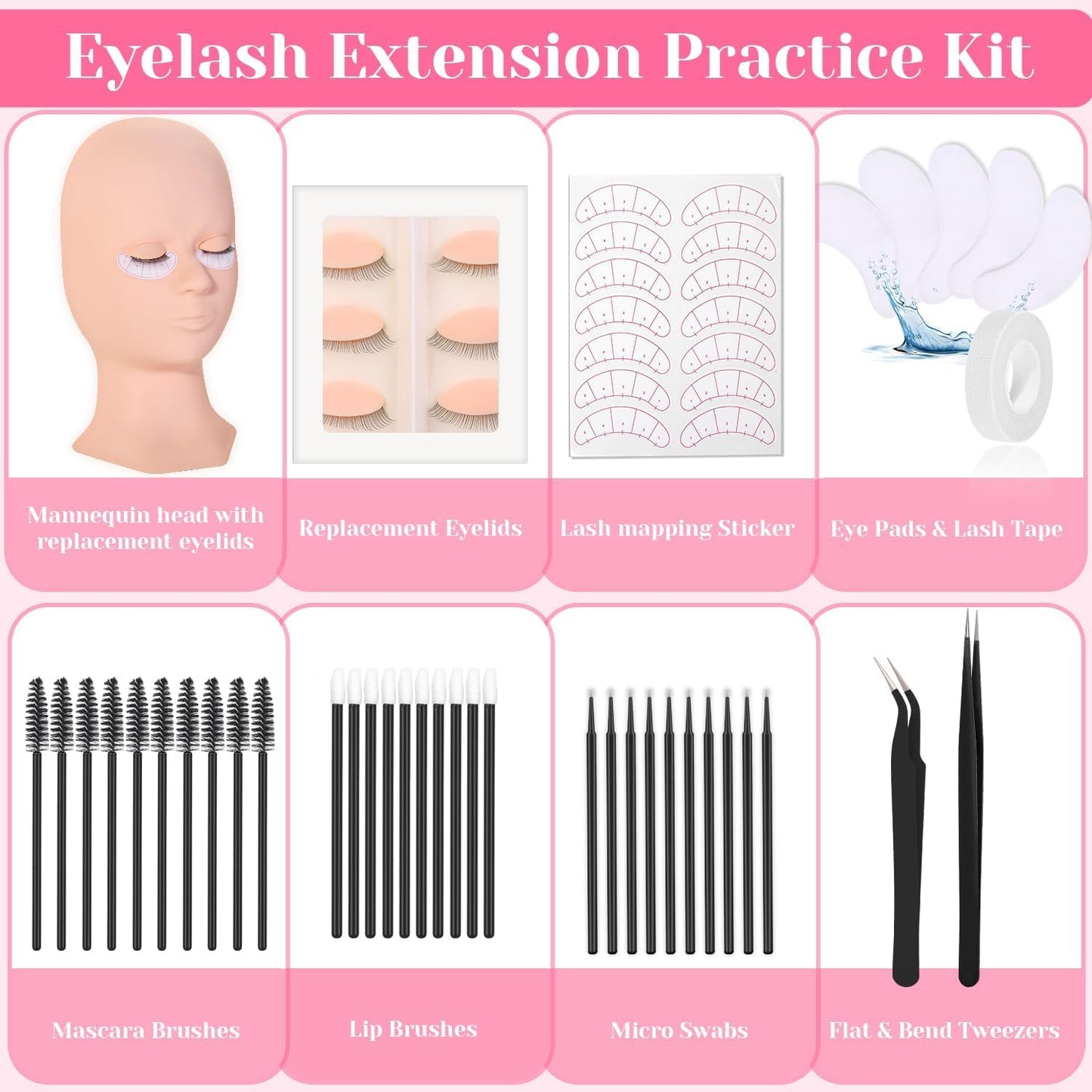 Lash Extension Practice Kit, Eyelash Extension Training Kit for Beginners, Professional Eyelash Mannequin Head Set with Lash Fan, Lash Shampoo, Glue Rings and Lash Mirror (Lashes Kit-with eye)