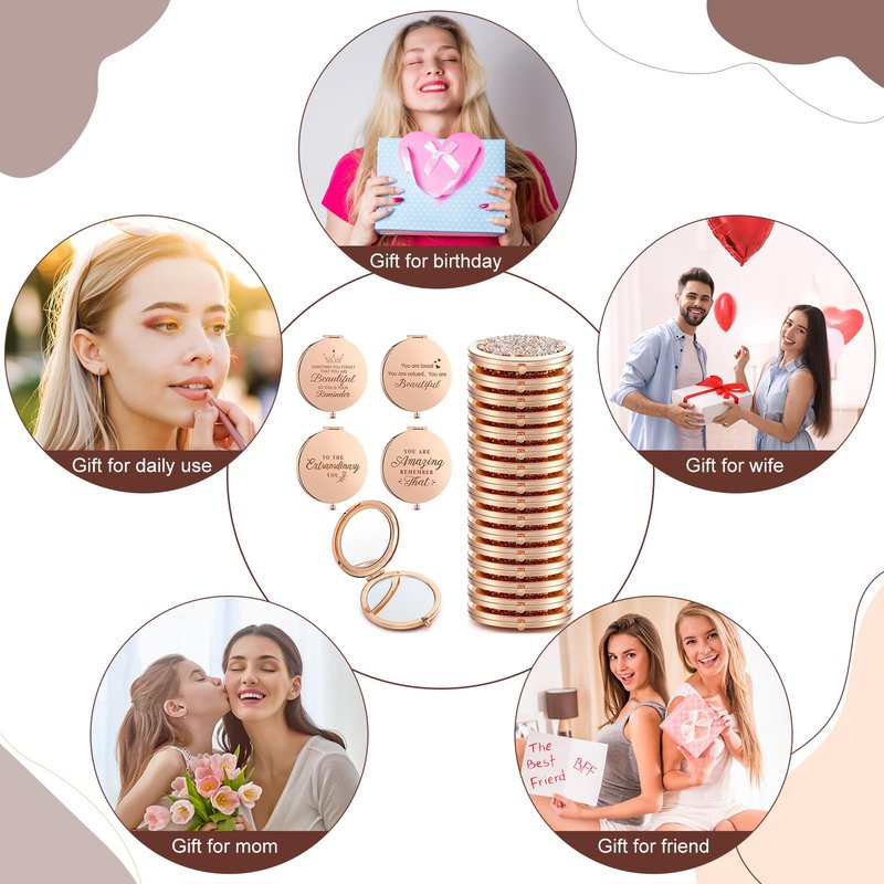 Roowest 16 Pack Metal Rhinestone Compact Mirror Bulk for Women Inspirational Rose Gold Magnifying Pocket Mirrors for Purses Wedding Bridal Shower Favors