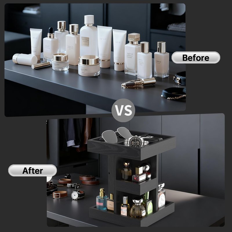 VLXXOI Cologne Organizer for Men Rotating Bathroom Counter Organizer, 3-Tier Solid Wood Storage Caddy, 360-Degree Rotating Stand, Burlywood (Black)
