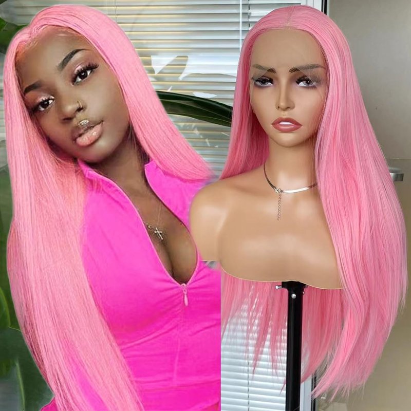 Pink Lace Front Wig for Women - Long Silky Straight Synthetic Hair | Glueless Natural Hairline, Heat Resistant