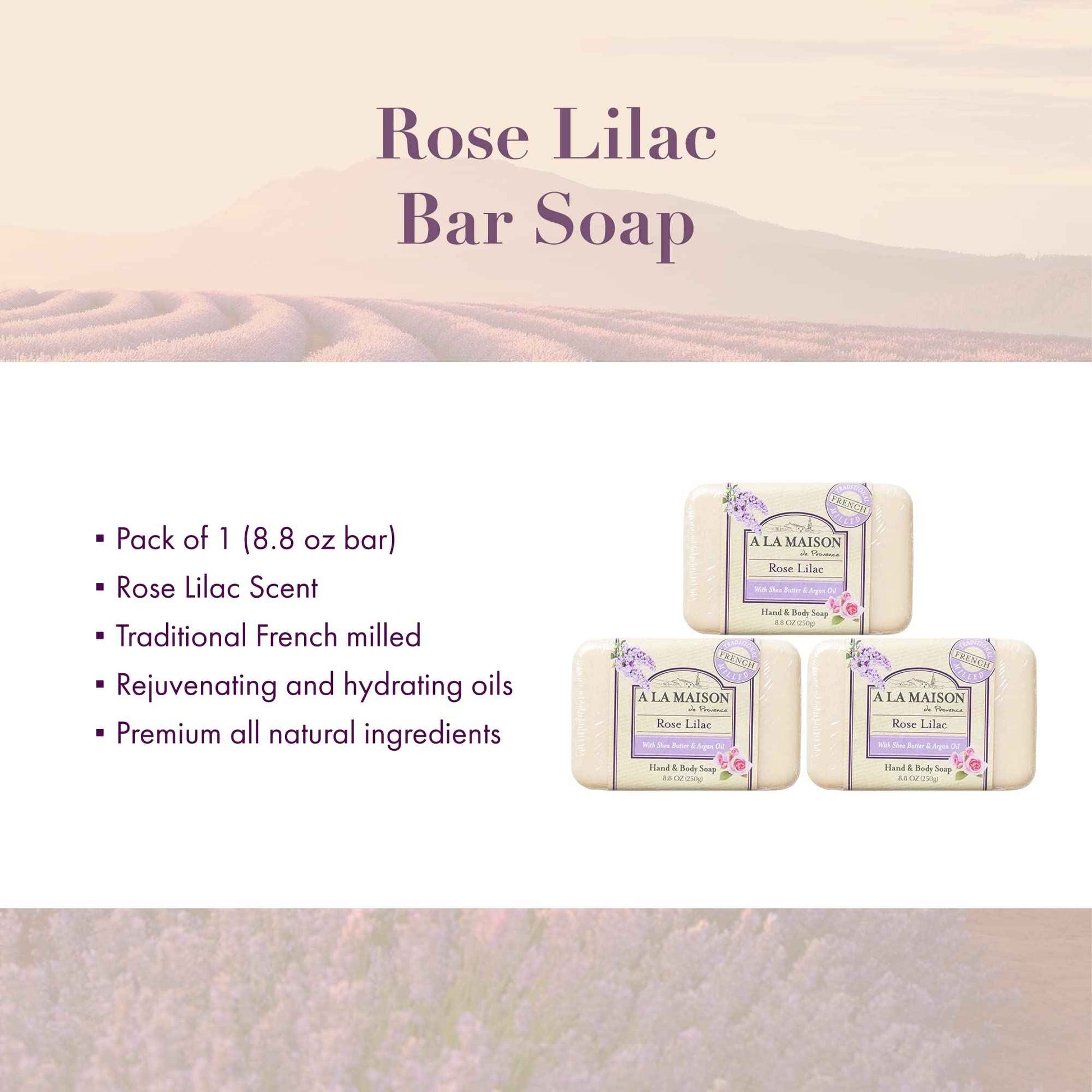 A LA MAISON Rose Lilac Bar Soap - Triple French Milled Natural Moisturizing Hand Soap Bar (1 Bar of Soap, 8.8 oz)